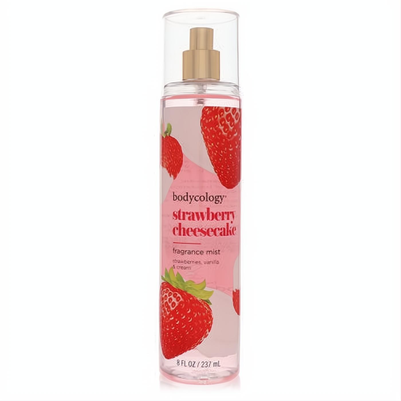 Experience Bodycology Strawberry Cheesecake 8 oz fragrance mist. Clear bottle, pink liquid, gold sprayer, and bold strawberry design.