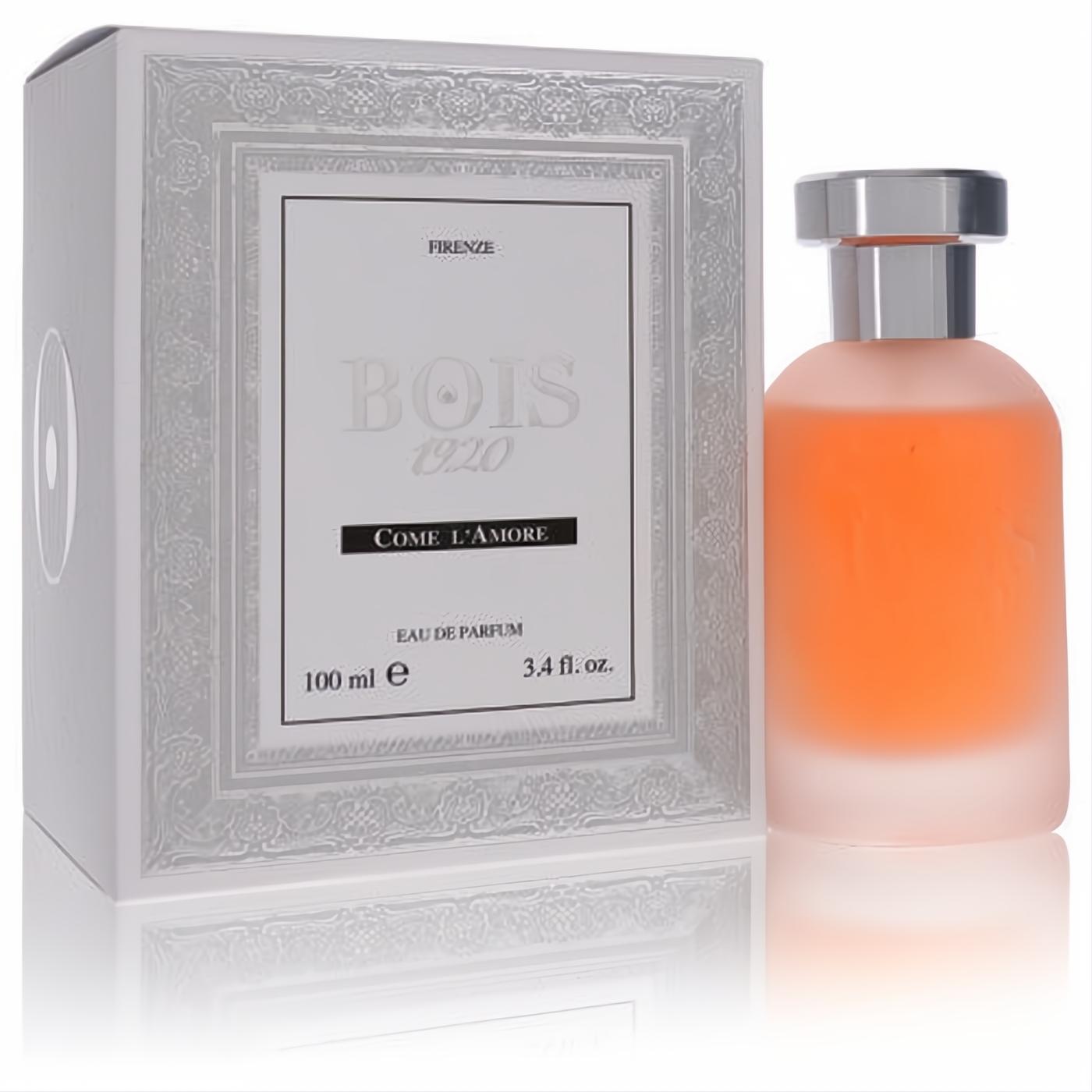 Bois 1920 Come L'amore unisex Eau De Parfum, 3.4 oz. Features a vibrant orange frosted bottle and elegant white embossed box.