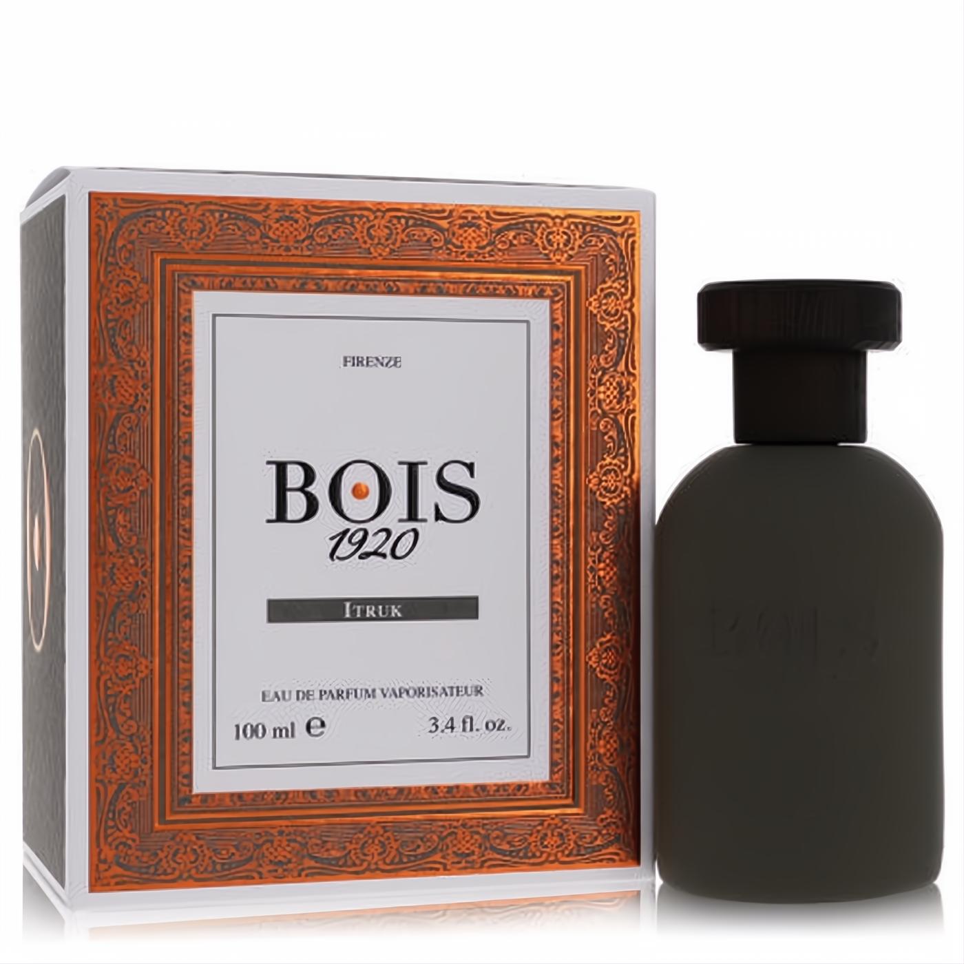 Bois 1920 Itruk 3.4 oz EDP: sleek matte black bottle next to its elegant white box with a luxurious copper ornate frame.