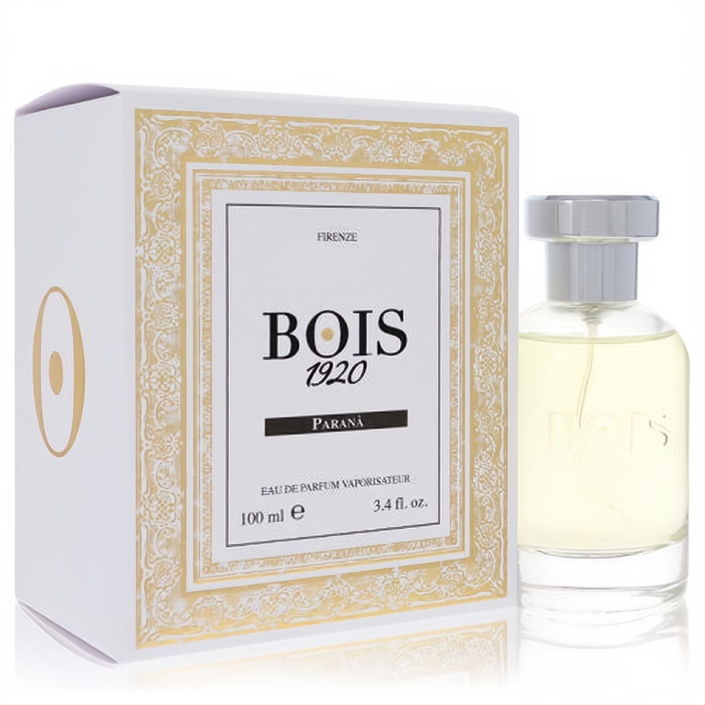 Luxurious Bois 1920 Parana 3.4 oz Eau De Parfum spray in a white box with gold ornate design and clear glass bottle.
