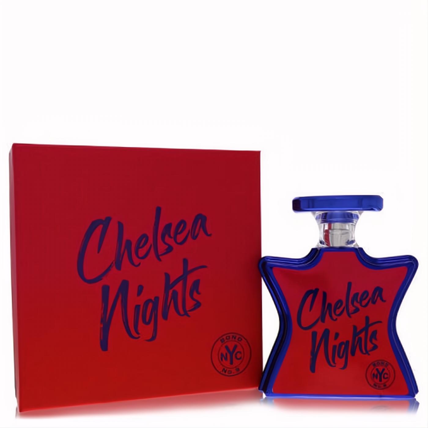Bond No. 9 Chelsea Nights unisex 3.4 oz EDP. Striking red star bottle with blue script, trim, and matching box.