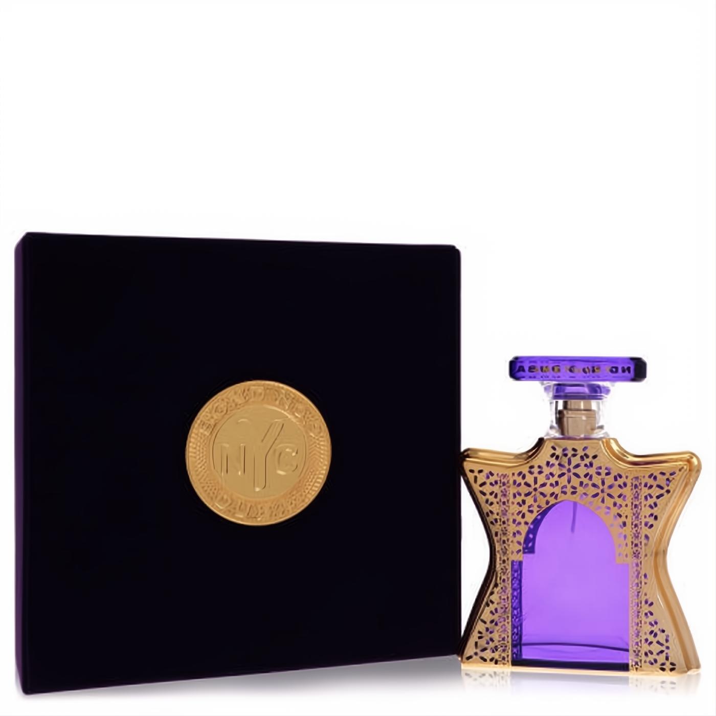 Discover Bond No. 9 Dubai Amethyst 3.3 oz unisex perfume. Stunning purple bottle with intricate gold filigree, paired with a sleek dark box.