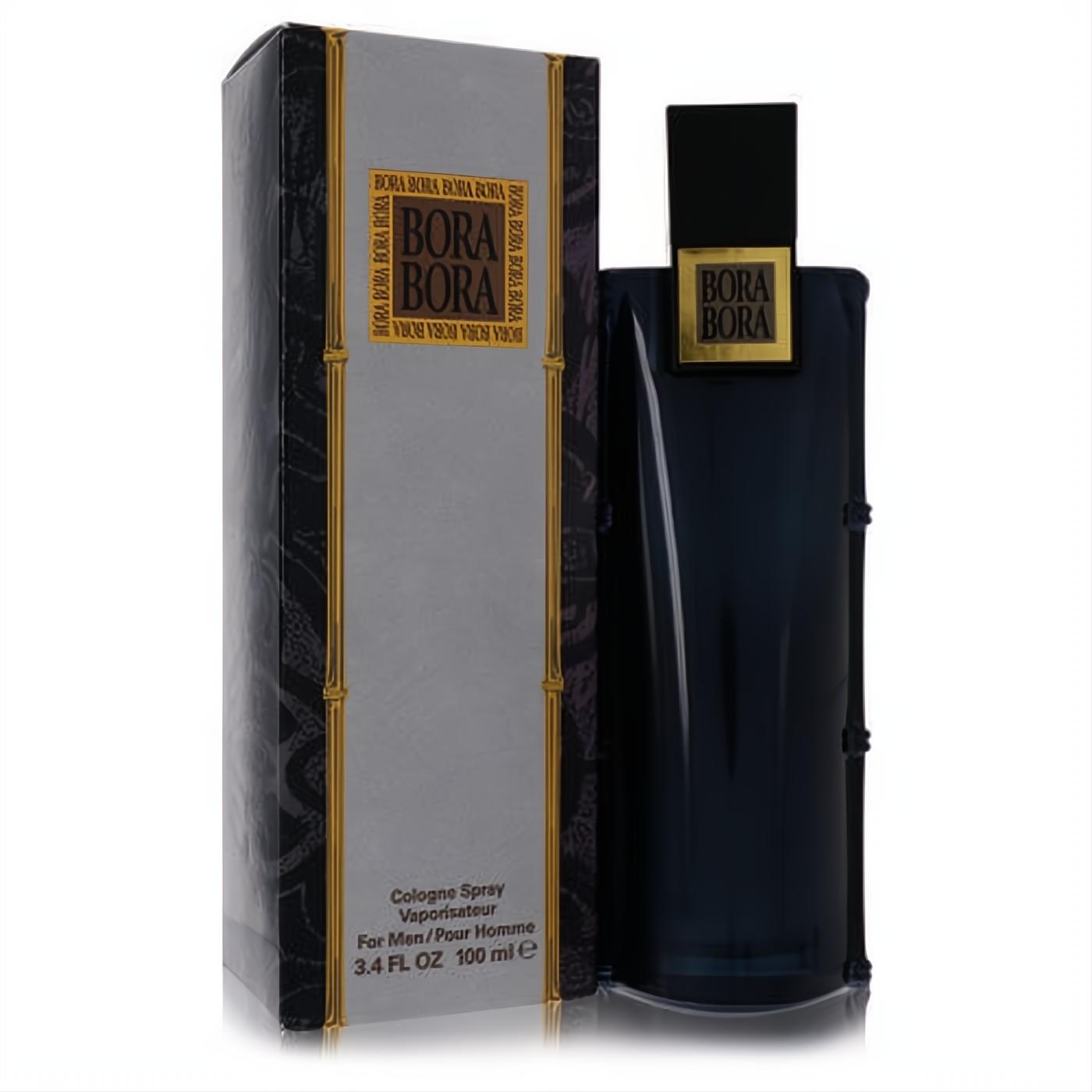 Bora Bora by Liz Claiborne men's 3.4 oz cologne. Sleek dark blue glass bottle with gold label, beside its elegant silver box.