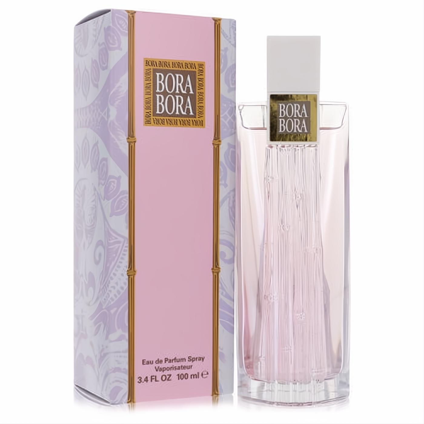 Bora Bora by Liz Claiborne 3.4 oz EDP. Elegant clear glass bottle with soft pink fragrance, white cap, and gold label, next to its tropical pink box.