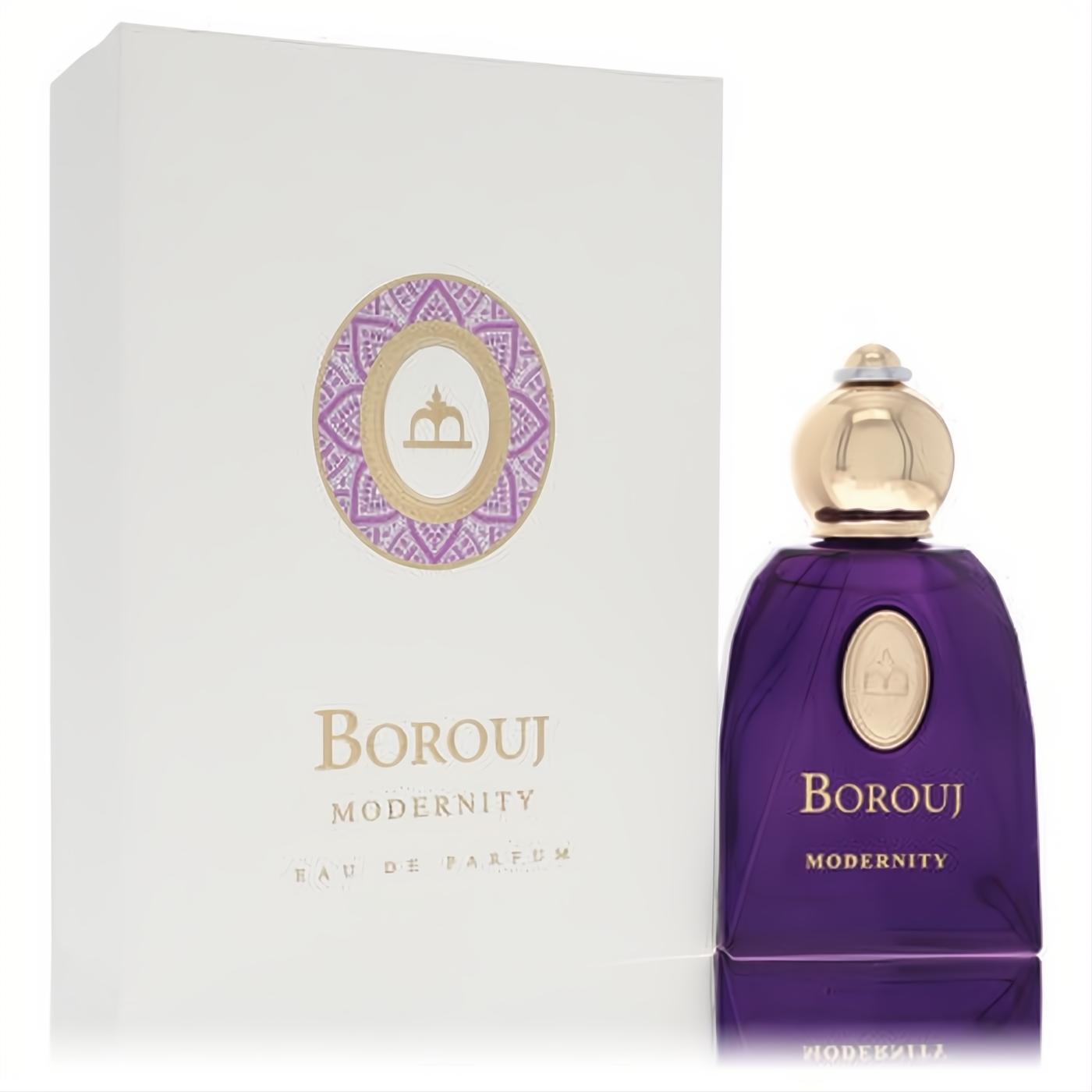 Borouj Modernity 2.8 oz unisex EDP. Striking deep purple bottle with elegant gold cap and matching white branded box.