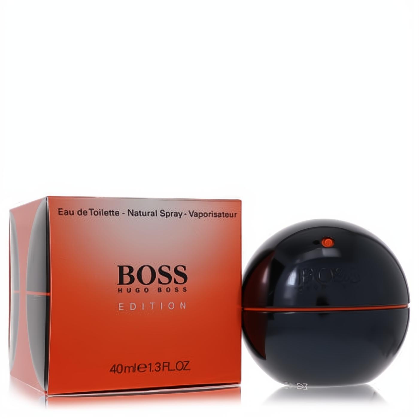 Elevate your style with Boss In Motion Black 1.3 oz EDT. Features a sleek dark blue spherical bottle and bold orange box.