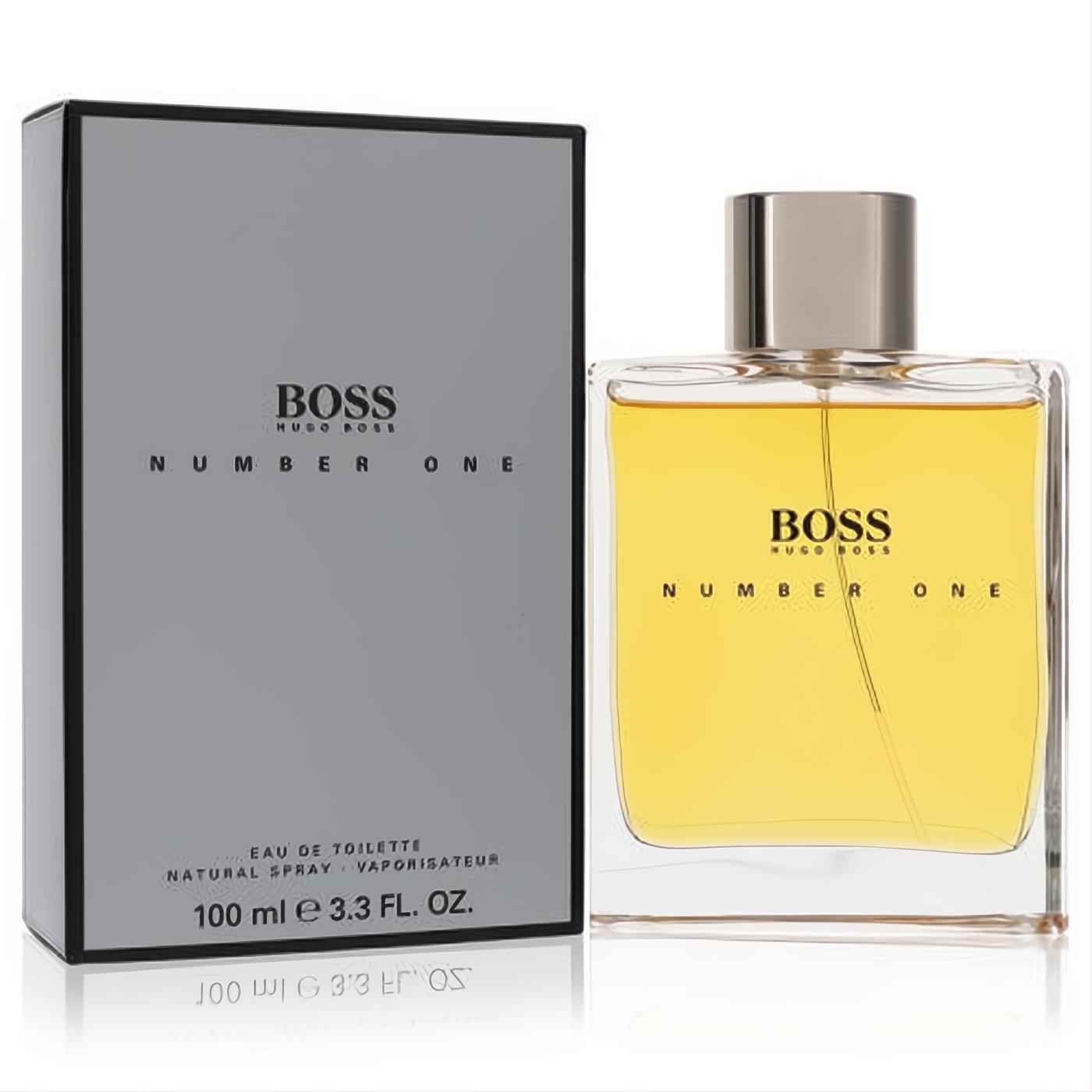 Boss No. 1 by Hugo Boss 3.3 oz men's Eau de Toilette spray. Clear glass bottle with amber liquid, presented with its sleek gray box.