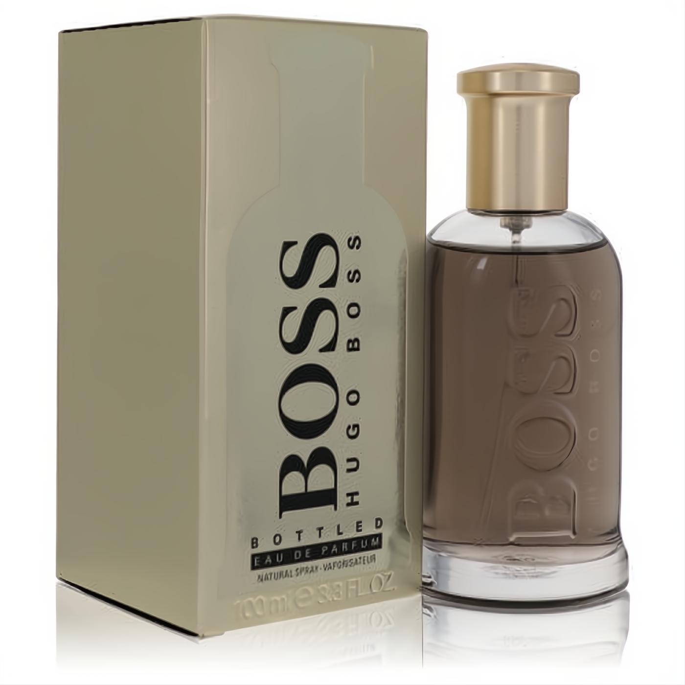 Sophisticated Boss Bottled No. 6 men's EDP, 3.3 oz. Clear glass bottle, gold cap, rich amber liquid, elegant beige box.