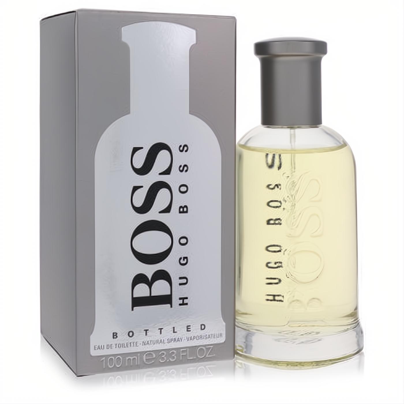Hugo Boss Bottled men's EDT spray, 3.3 oz. Clear bottle with light yellow fragrance, grey cap, and sleek grey box.