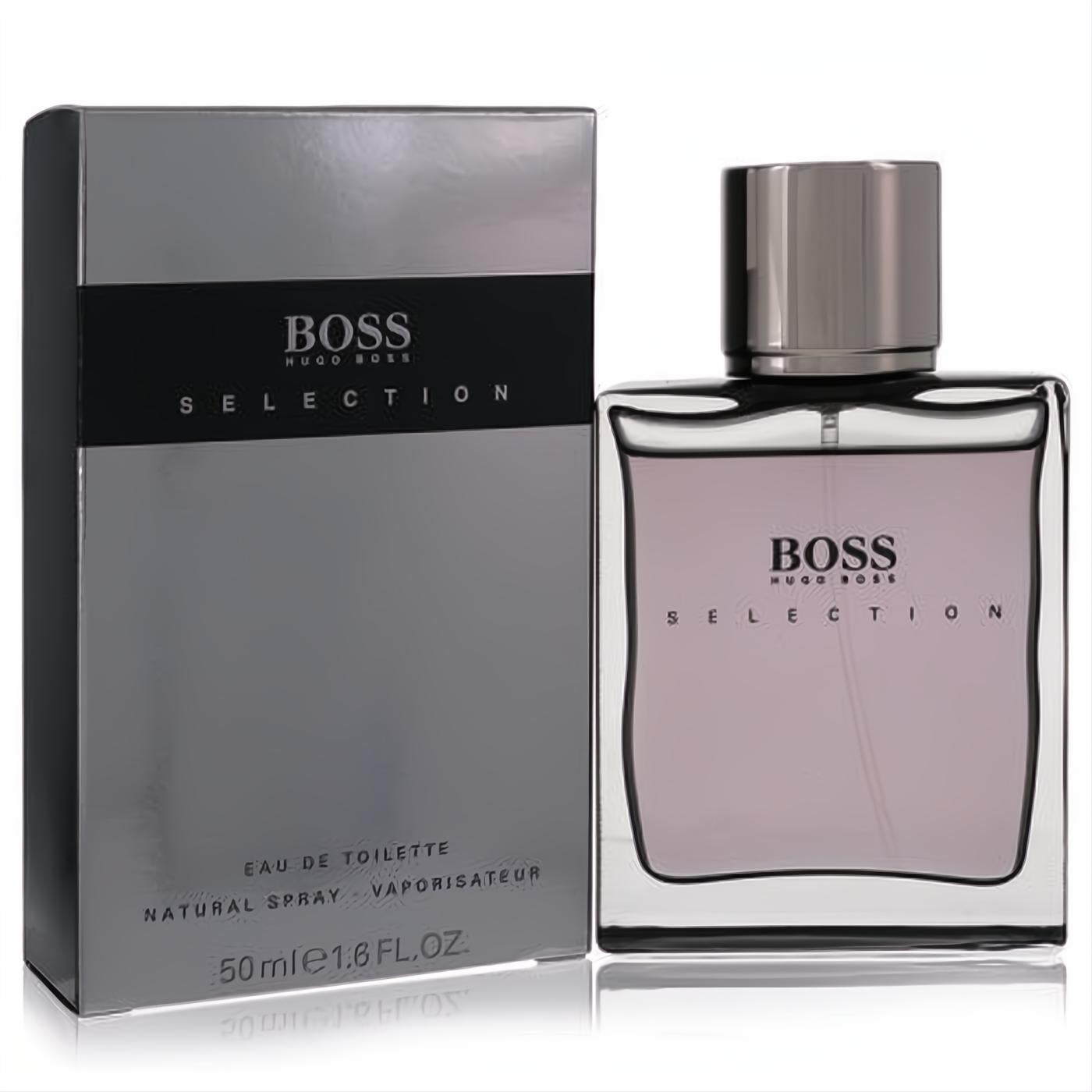 Boss Selection Hugo Boss men's 1.7 oz EDT spray. Modern clear glass bottle, silver cap, light purple liquid, and sleek grey packaging.
