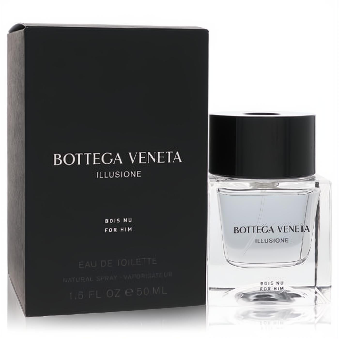Bottega Veneta Illusione Bois Nu 1.7 oz EDT for men. Sleek clear bottle with black cap, elegant black packaging.