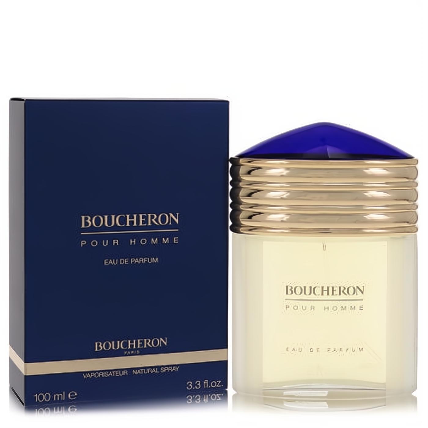 Experience Boucheron Pour Homme 3.3 oz. EDP. Luxurious clear bottle, gold ribbed design, striking blue cap, and elegant navy box.