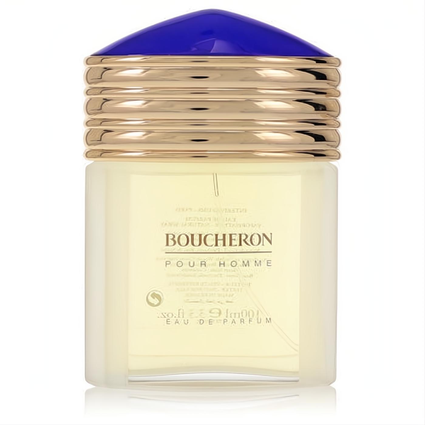 Sophisticated Boucheron Pour Homme 100ml EDP tester. Frosted glass bottle, elegant gold ribbed neck, and bold blue cap.