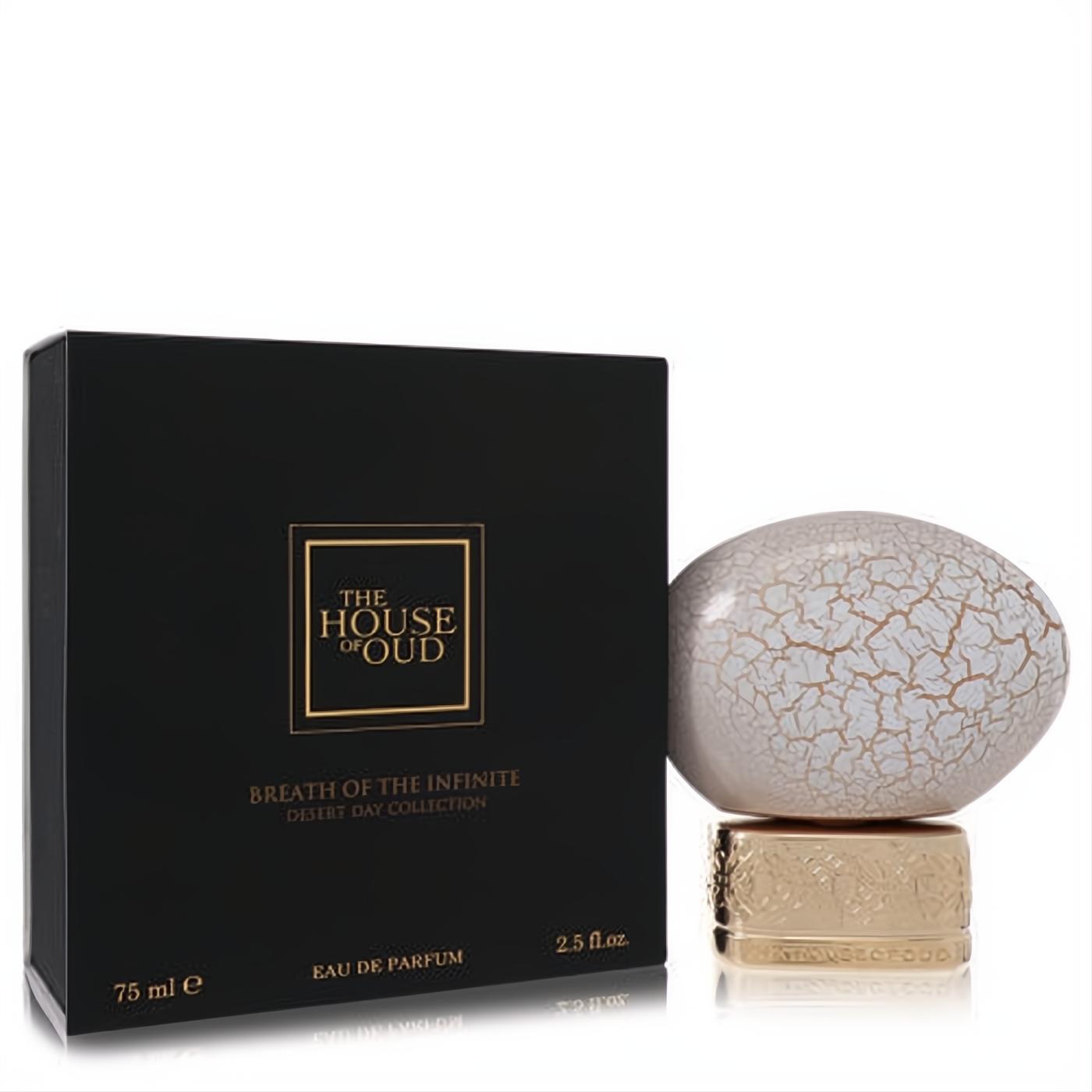 Exquisite The House of Oud Breath of the Infinite 2.5 oz unisex EDP. Black box and stunning cream cracked egg bottle on a gold stand.