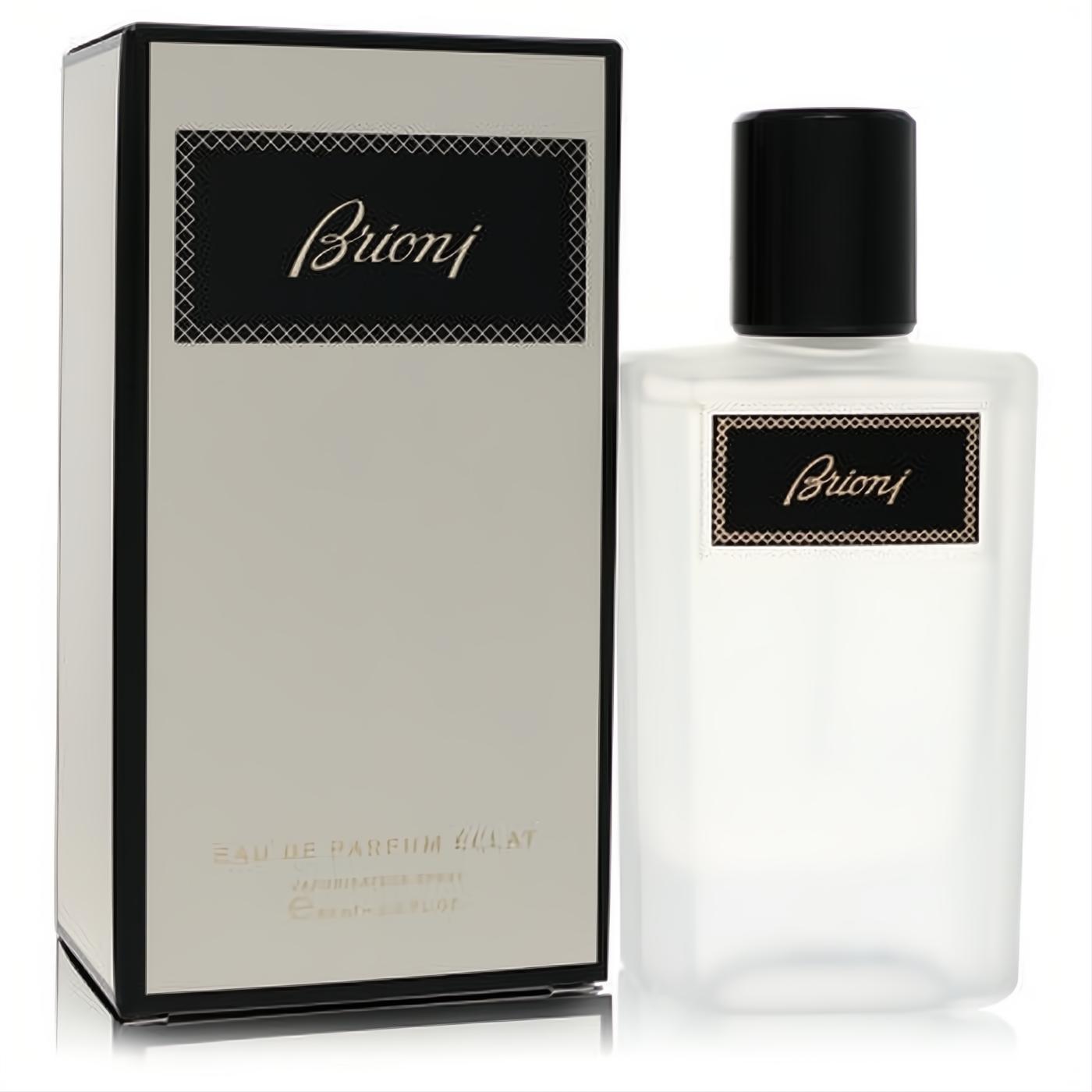 Brioni Eclat 2 oz Eau de Parfum spray: elegant frosted glass bottle with black cap, alongside its sophisticated beige box.