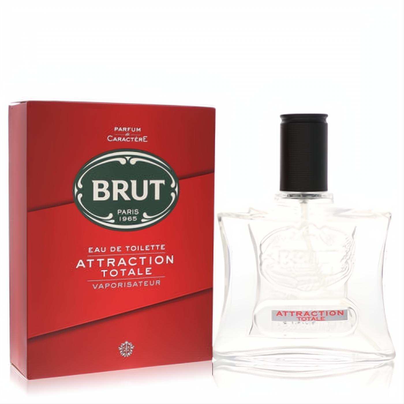 Brut Attraction Totale 3.4 oz men's Eau De Toilette. Sleek clear glass bottle with black cap, beside its vibrant red box.
