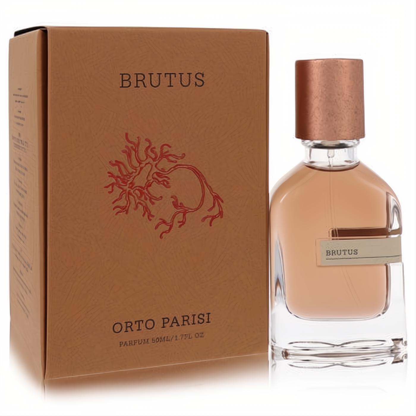 Brutus by Orto Parisi 1.7 oz unisex parfum spray. Sophisticated clear glass bottle with amber liquid, rose gold cap, and distinctive brown box.