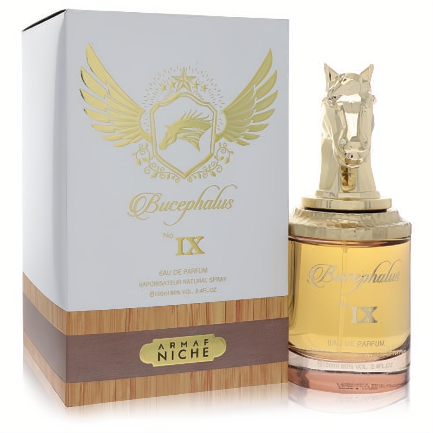 Luxurious Bucephalus IX Armaf 3.4 oz men's fragrance with a unique gold horse head cap and elegant white and brown packaging.