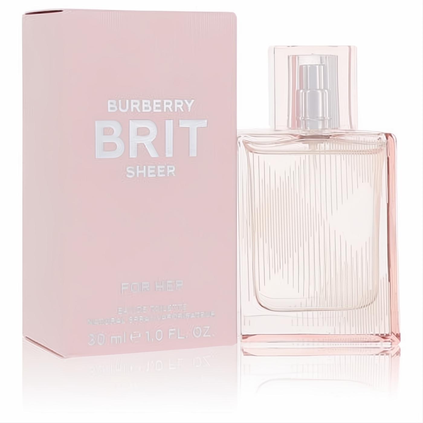 Burberry Brit Sheer 1 oz EDT for women. Elegant pink box and clear, vertically striped glass bottle.