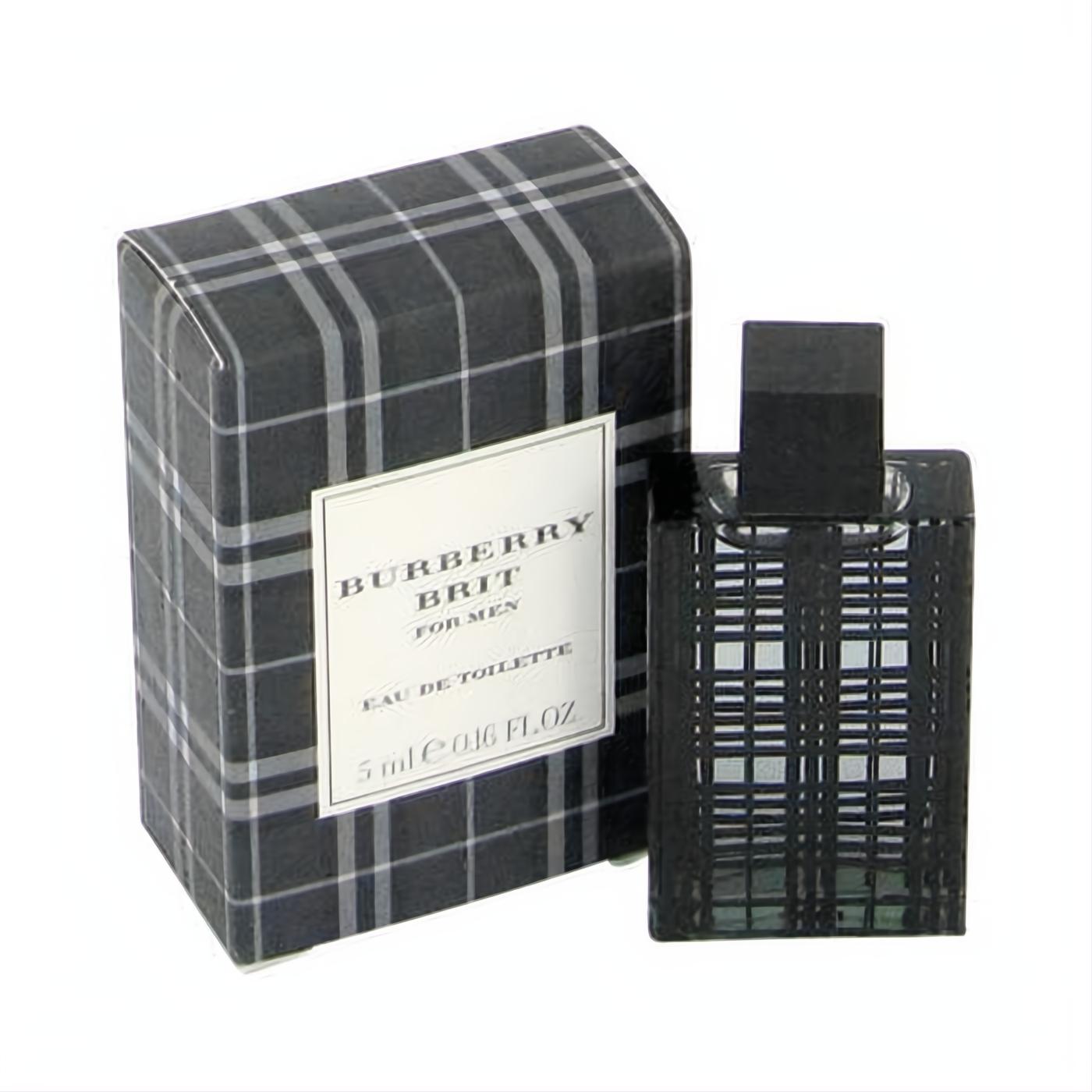 Sophisticated Burberry Brit for Men 0.16 oz mini EDT in a dark plaid bottle with matching iconic check box.