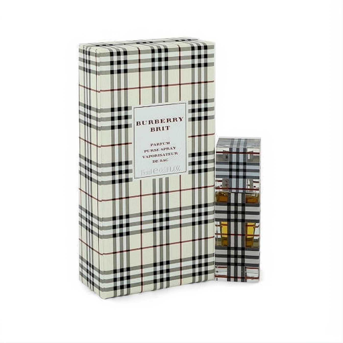 Experience Burberry Brit .5 oz pure perfume spray. Iconic beige plaid box and sleek travel bottle for luxury on-the-go.