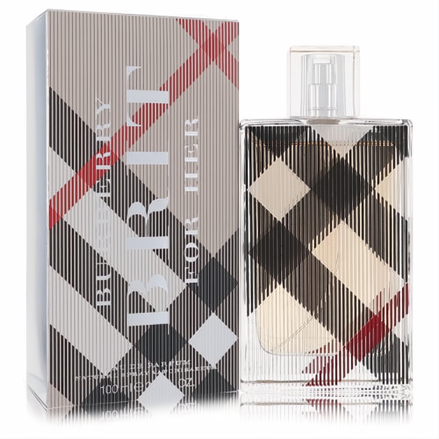 Iconic Burberry Brit 3.4 oz Eau de Parfum spray. Clear bottle with classic beige plaid design, presented with its matching elegant box.