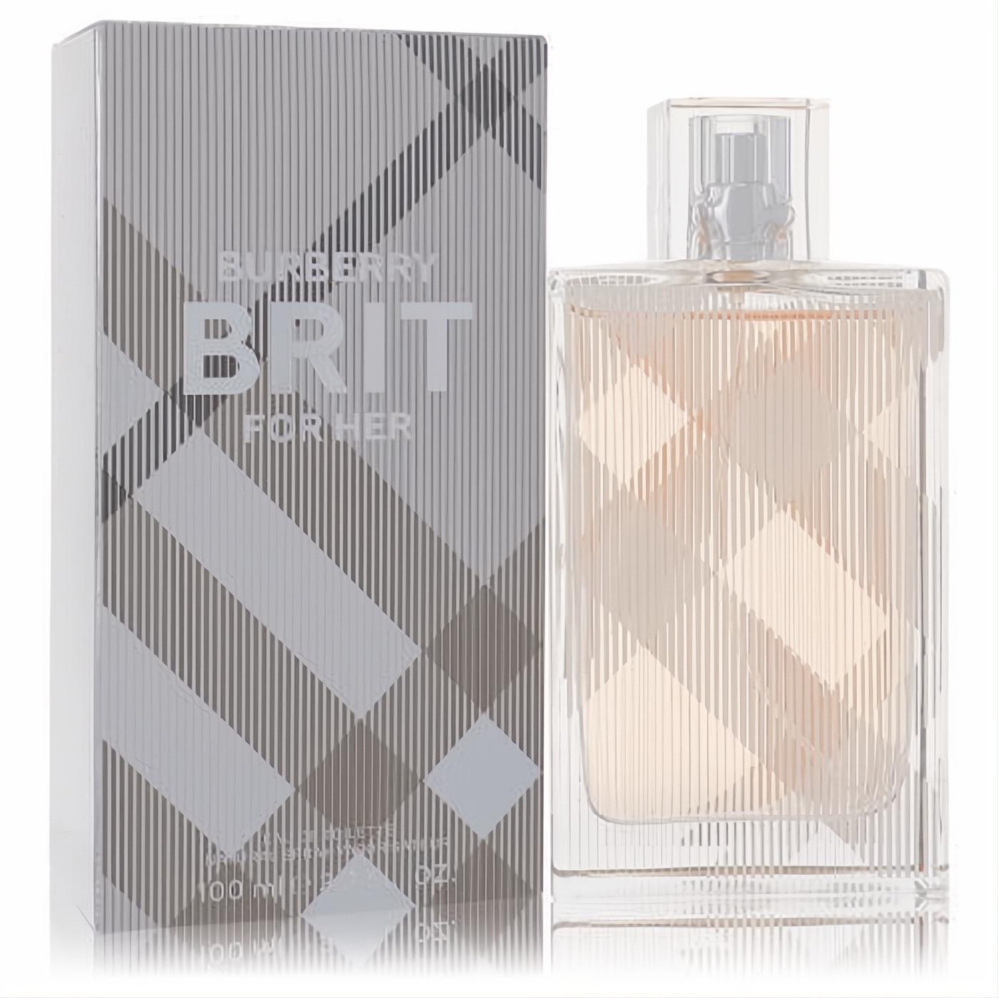 Burberry Brit for Women 3.4 oz EDT. Clear glass bottle with light peach liquid, iconic plaid pattern, and sleek silver box.