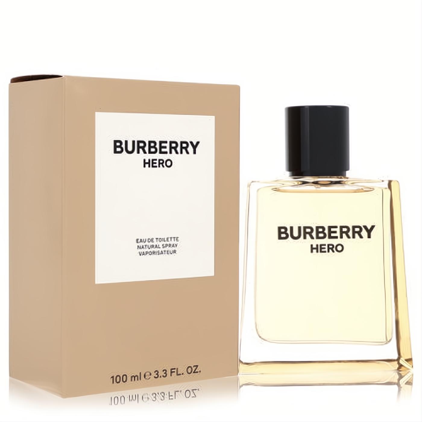 Burberry Hero 3.3 oz Eau De Toilette in a sleek clear glass bottle with a black cap, displayed next to its minimalist beige box.