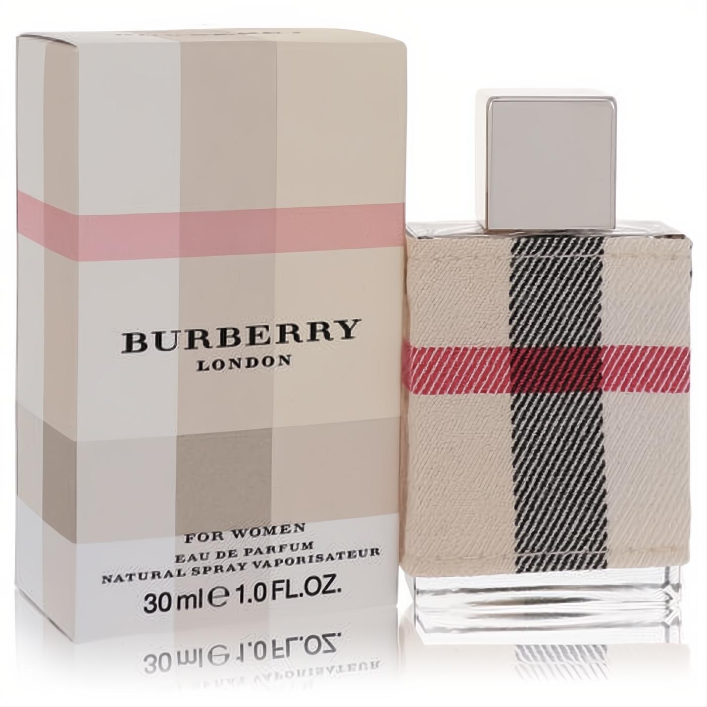 Luxurious Burberry London 1 oz EDP for women. Bottle in signature beige, red, black plaid fabric, with elegant matching box.