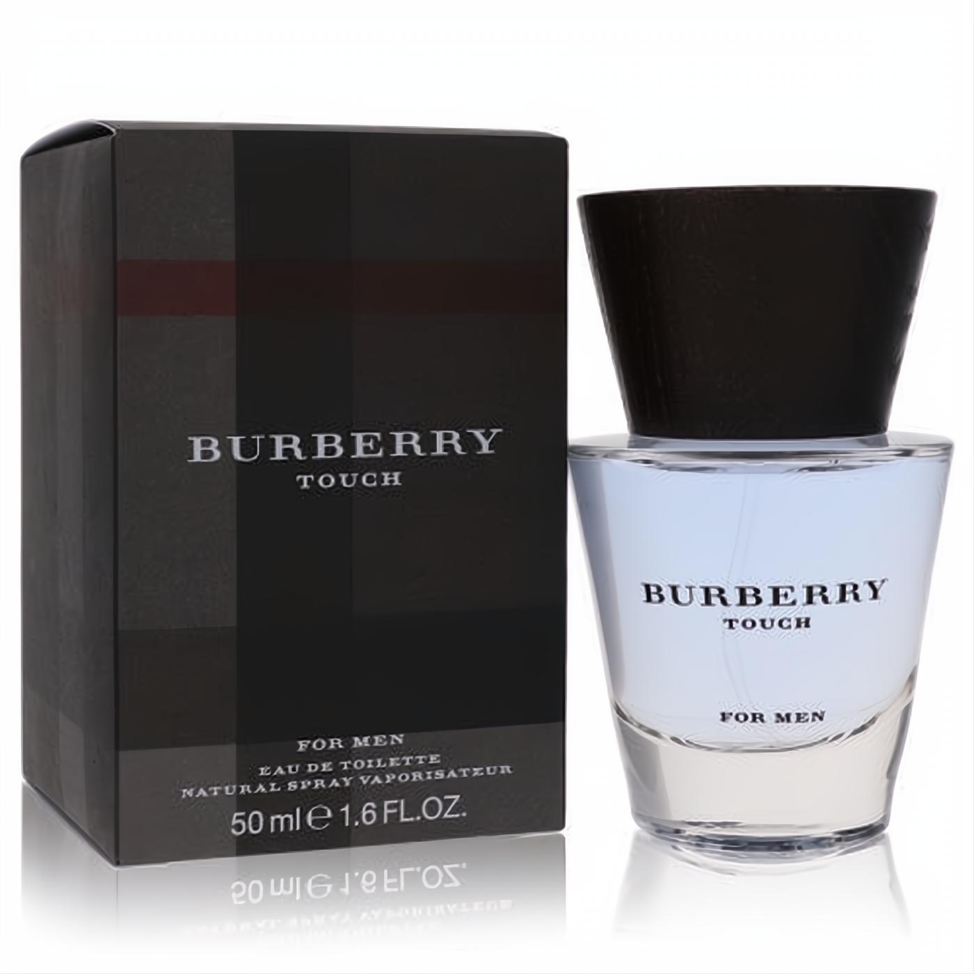 Burberry Touch for Men 1.6 oz EDT. Elegant clear bottle, light blue fragrance, black cap, and iconic dark plaid box.