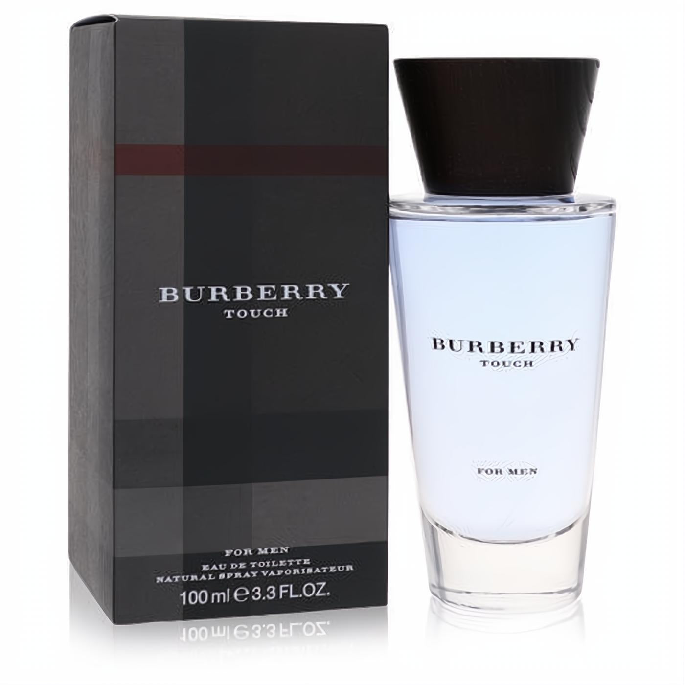 Burberry Touch for Men 3.3 oz EDT. Sleek light blue fragrance bottle and sophisticated dark plaid box.