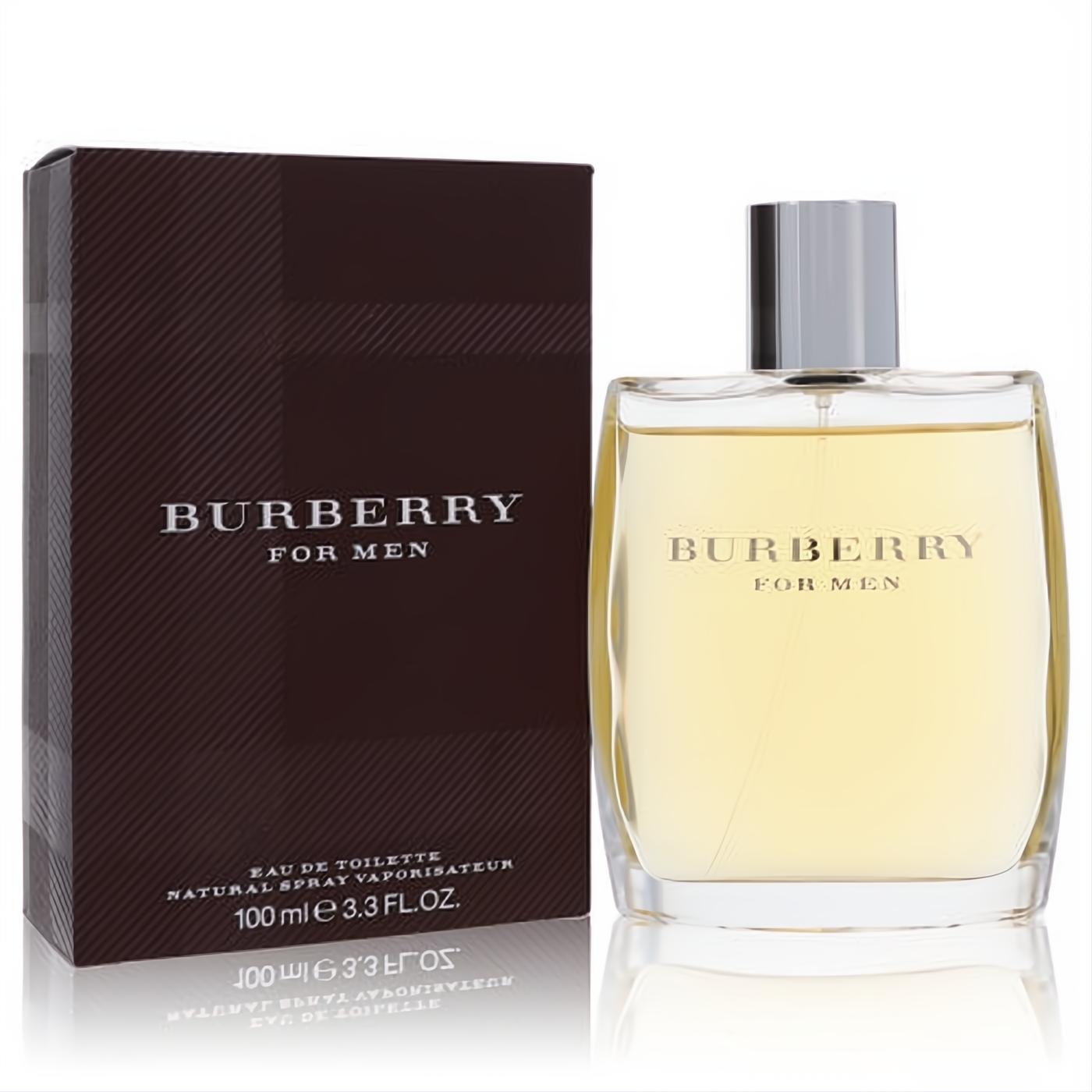 Sophisticated Burberry for Men EDT 3.4 oz spray. Clear glass bottle with golden liquid, silver cap, and dark brown plaid box.