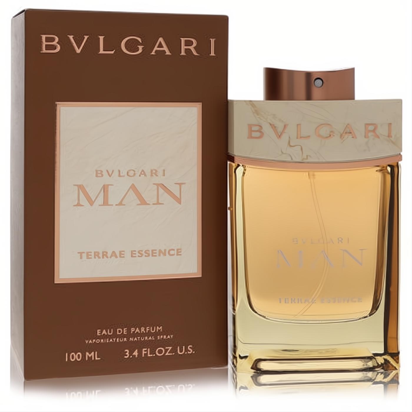 Bvlgari Man Terrae Essence 3.4 oz EDP. Elegant amber men's fragrance in a sleek glass bottle with a bronze cap and rich brown box.