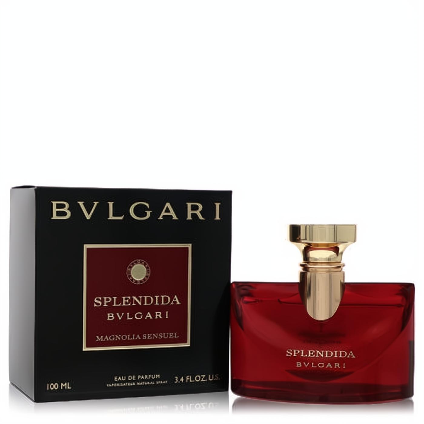 Elegant Bvlgari Splendida Magnolia Sensuel 3.4 oz EDP. Luxurious deep red glass bottle with gold accents and black box.