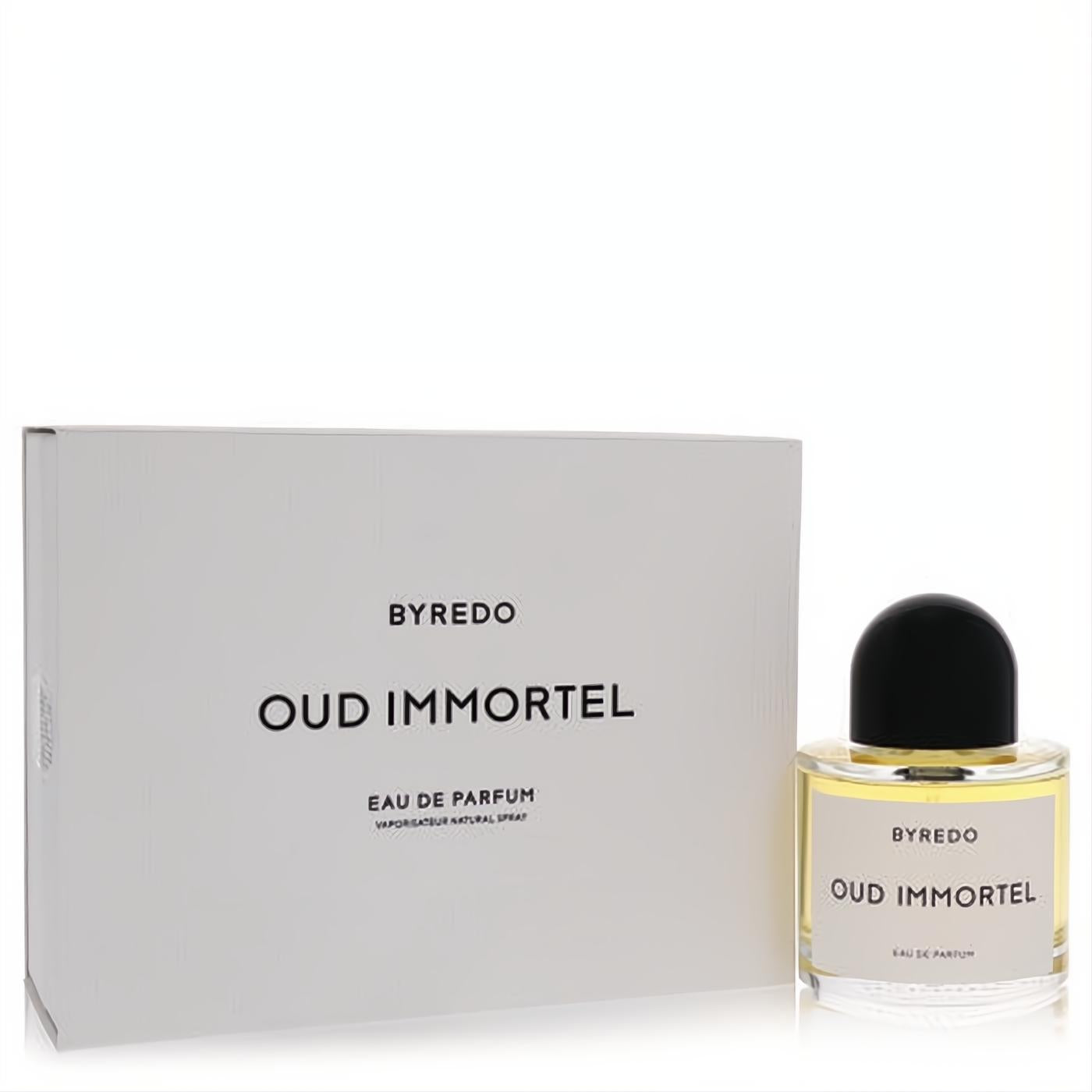 Iconic Byredo Oud Immortel 3.4 oz unisex Eau De Parfum in a sleek clear bottle with black cap and minimalist white box.
