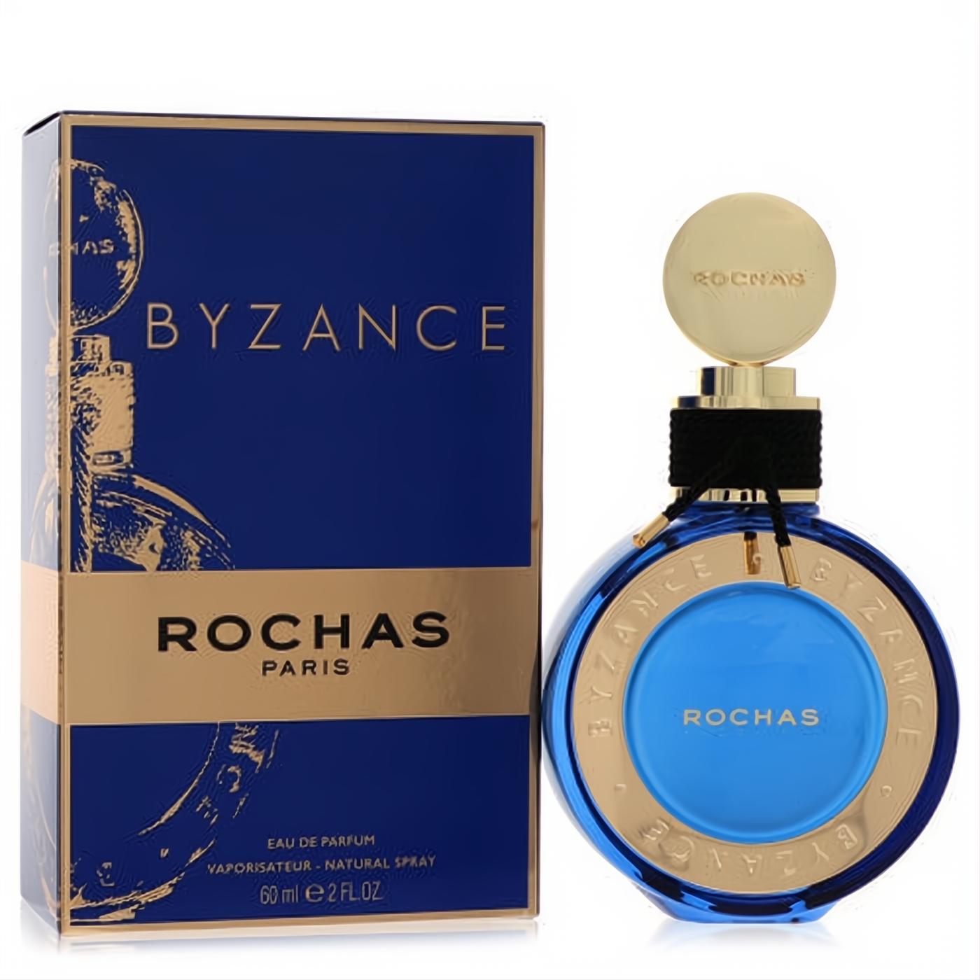 Byzance 2019 Edition Rochas 2 oz EDP. Elegant royal blue round bottle with gold cap, black ribbon, and matching box.