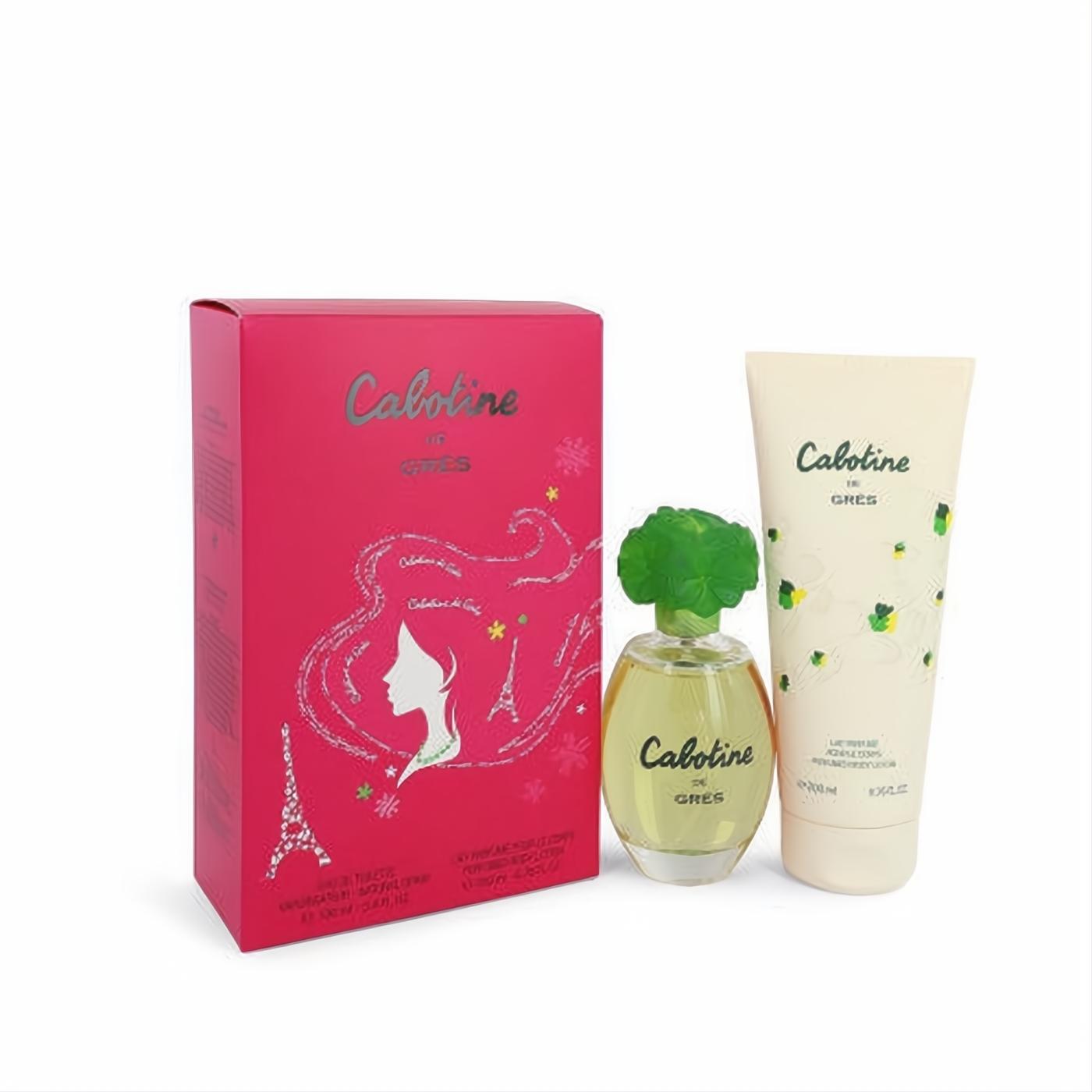 Vibrant Cabotine by Parfums Gres gift set: pink box with Parisian design, 3.4 oz EDT with unique green floral cap, and 6.7 oz cream body lotion.**