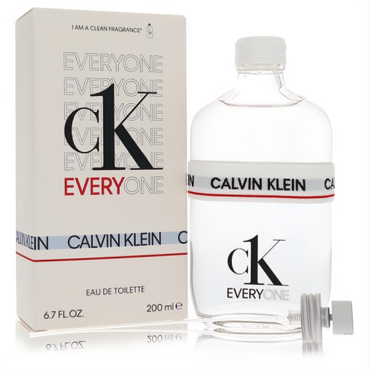Discover CK Everyone unisex Eau De Toilette. Sleek 6.7 oz clear glass bottle with white cap, red Calvin Klein band, and matching box.