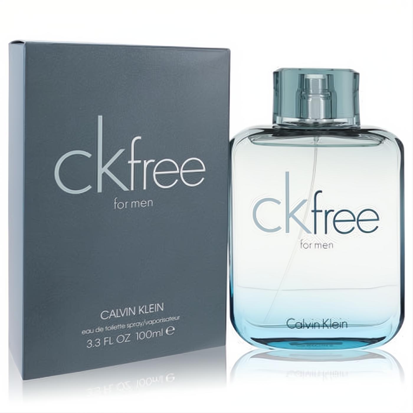 Elevate your scent with CK Free by Calvin Klein men's 3.3 oz Eau De Toilette. Sleek clear-to-blue glass bottle and modern dark grey box.