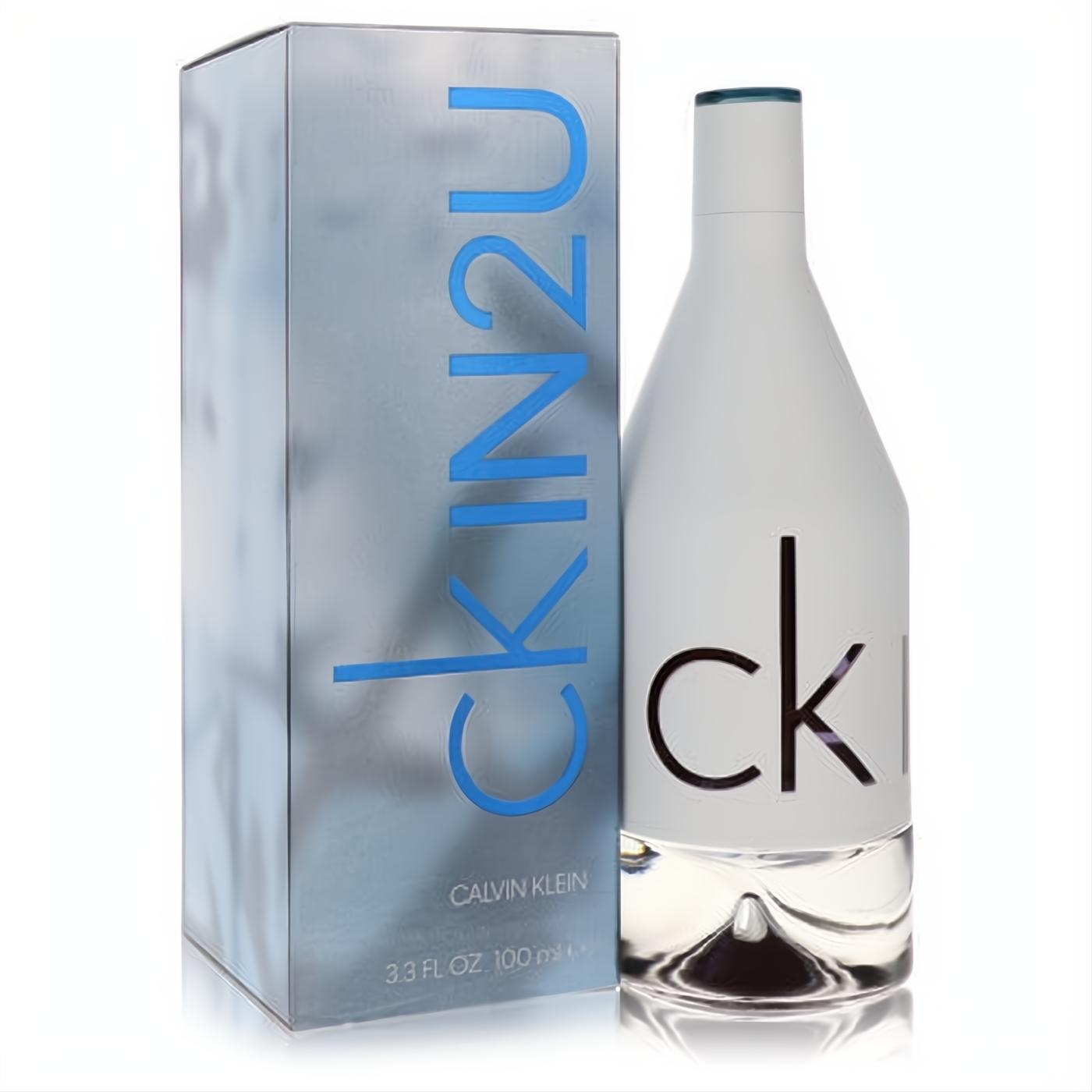Iconic Calvin Klein CK IN2U men's 3.3 oz EDT spray. Sleek white bottle, clear glass base, blue cap, and metallic silver box.