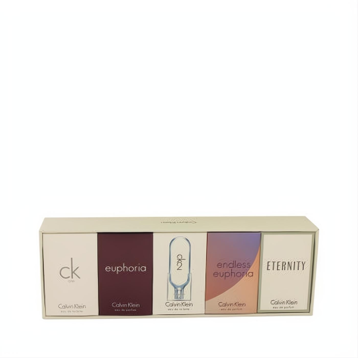 Calvin Klein Deluxe Fragrance Gift Set with 5 iconic mini perfumes: CK One, Euphoria, CK 2, Endless Euphoria, Eternity, in a sleek beige box.
