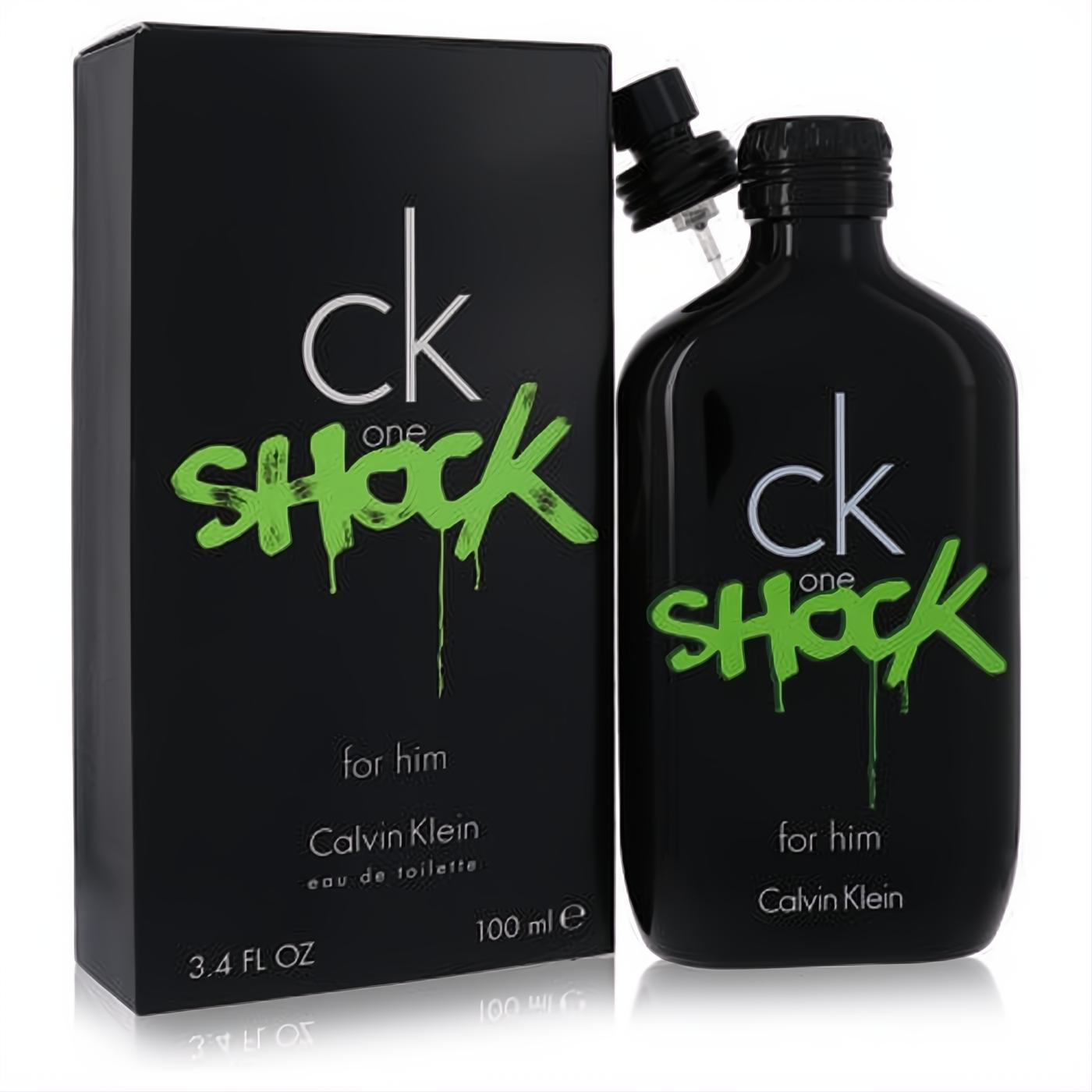 Calvin Klein CK One Shock for Him 3.4 oz EDT. Black bottle & box with vibrant neon green 'SHOCK' graffiti design.