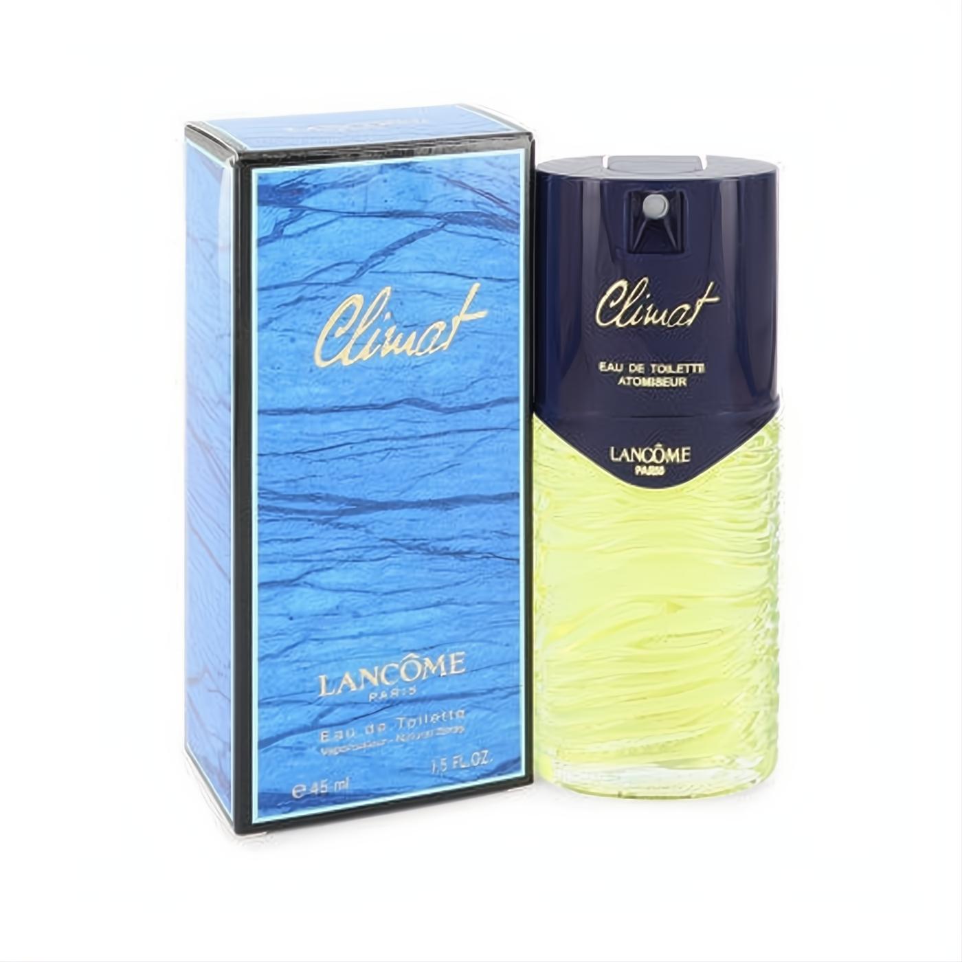 Luxurious Lancome Climat Eau De Toilette 1.5 oz spray. Elegant clear ribbed glass bottle with dark blue cap and matching iconic blue wave box.