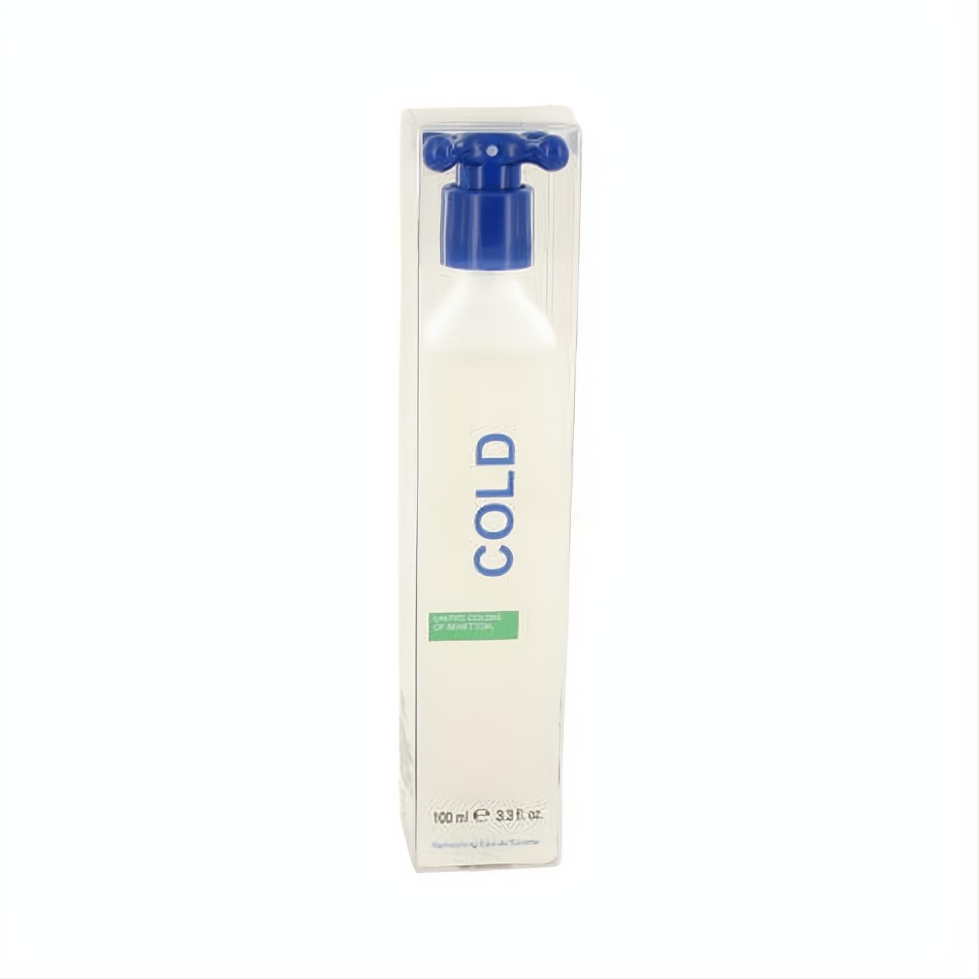Benetton Cold 3.3 oz unisex EDT spray. Sleek white bottle, signature blue T-cap, visible in clear retail packaging.