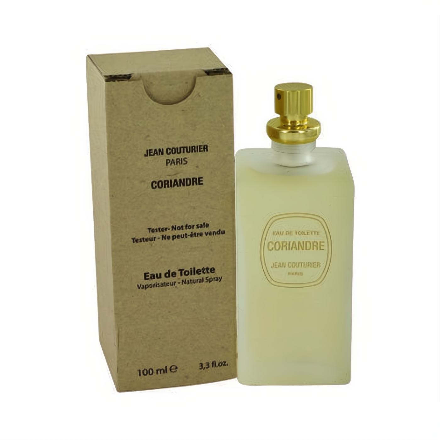 Elegant women's Coriandre Jean Couturier EDT tester, 3.3 fl.oz. frosted glass bottle, gold cap, natural box.