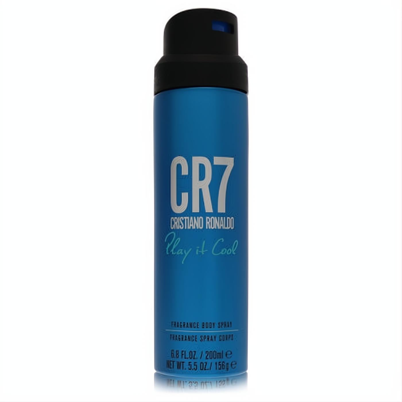 Dynamic blue CR7 Play It Cool by Cristiano Ronaldo 6.8 oz body spray can with bold white logo and sleek black cap.