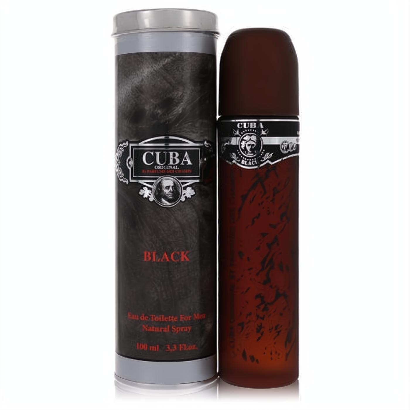 Experience CUBA Black 3.4 oz men's EDT: a sleek, dark brown cigar-shaped bottle with a matching branded black tin.