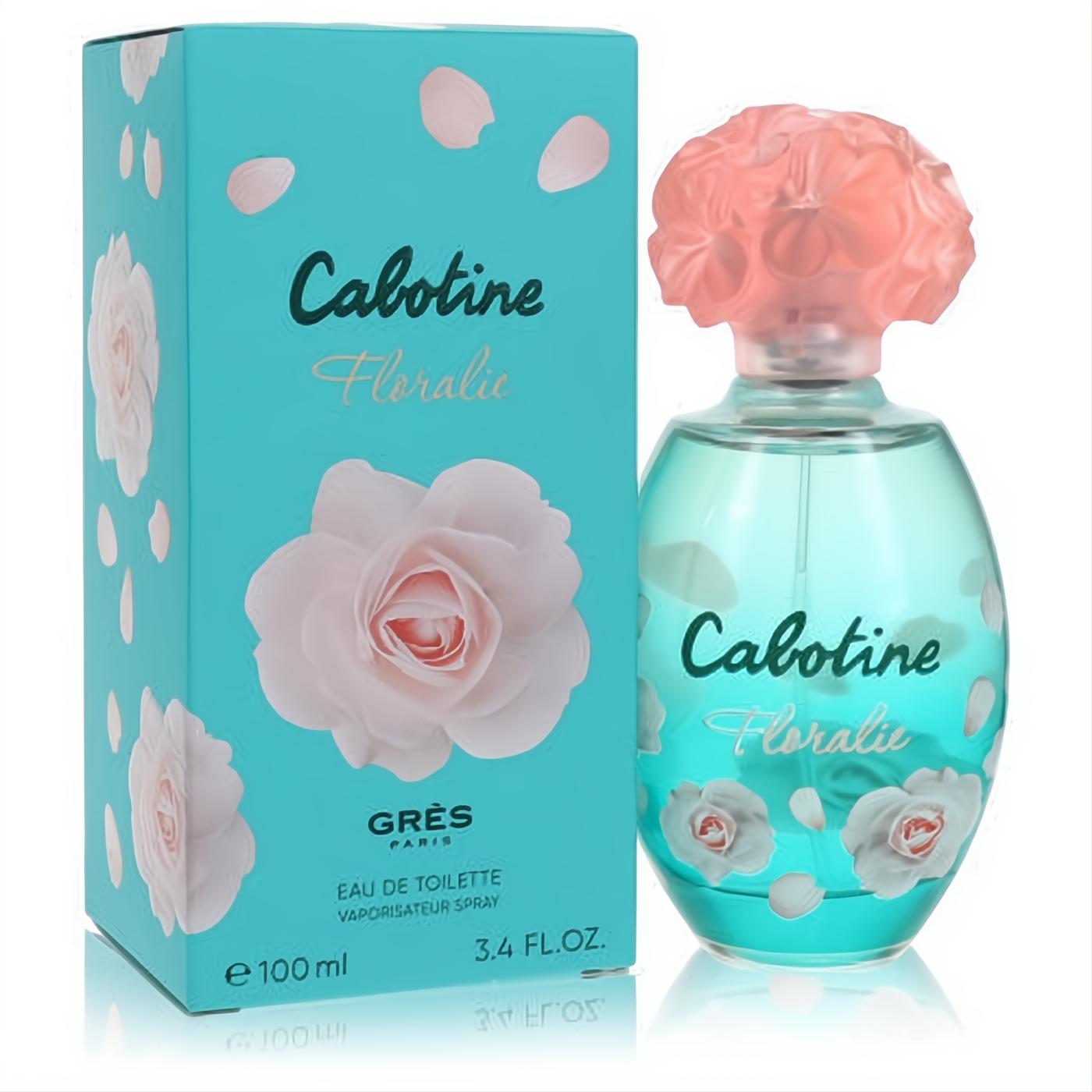 Cabotine Floralie 3.4 oz EDT spray: a captivating teal bottle with elegant rose decals and a sculpted pink flower cap. Luxurious women's scent.