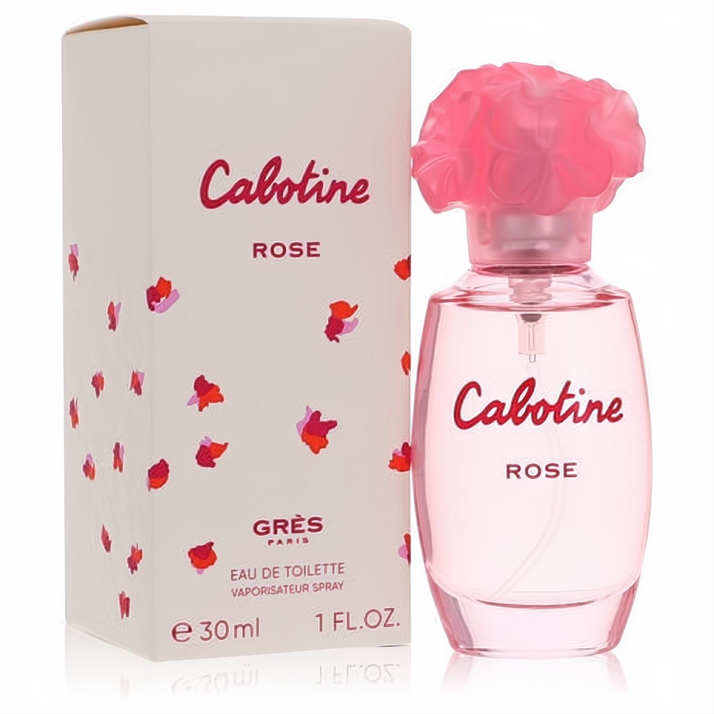 Vibrant Cabotine Rose 1 oz EDT spray, featuring a delicate pink bottle with a unique floral cap, next to its elegant white box.