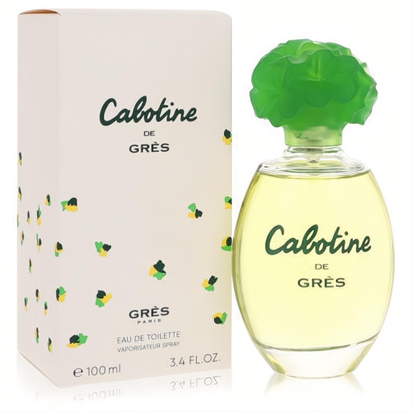 Elegant Cabotine de Gres 3.4 oz Eau de Toilette for women. Clear glass bottle with a distinctive green floral cap and stylish white box.